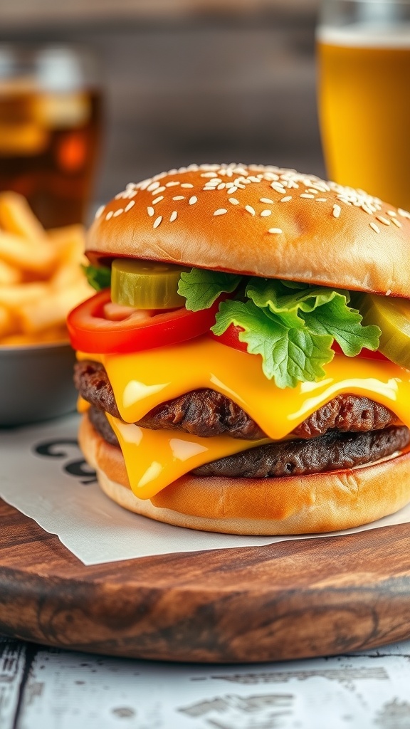 A delicious cheeseburger with beef patty, American cheese, lettuce, tomato, and pickles on a toasted bun, accompanied by fries.